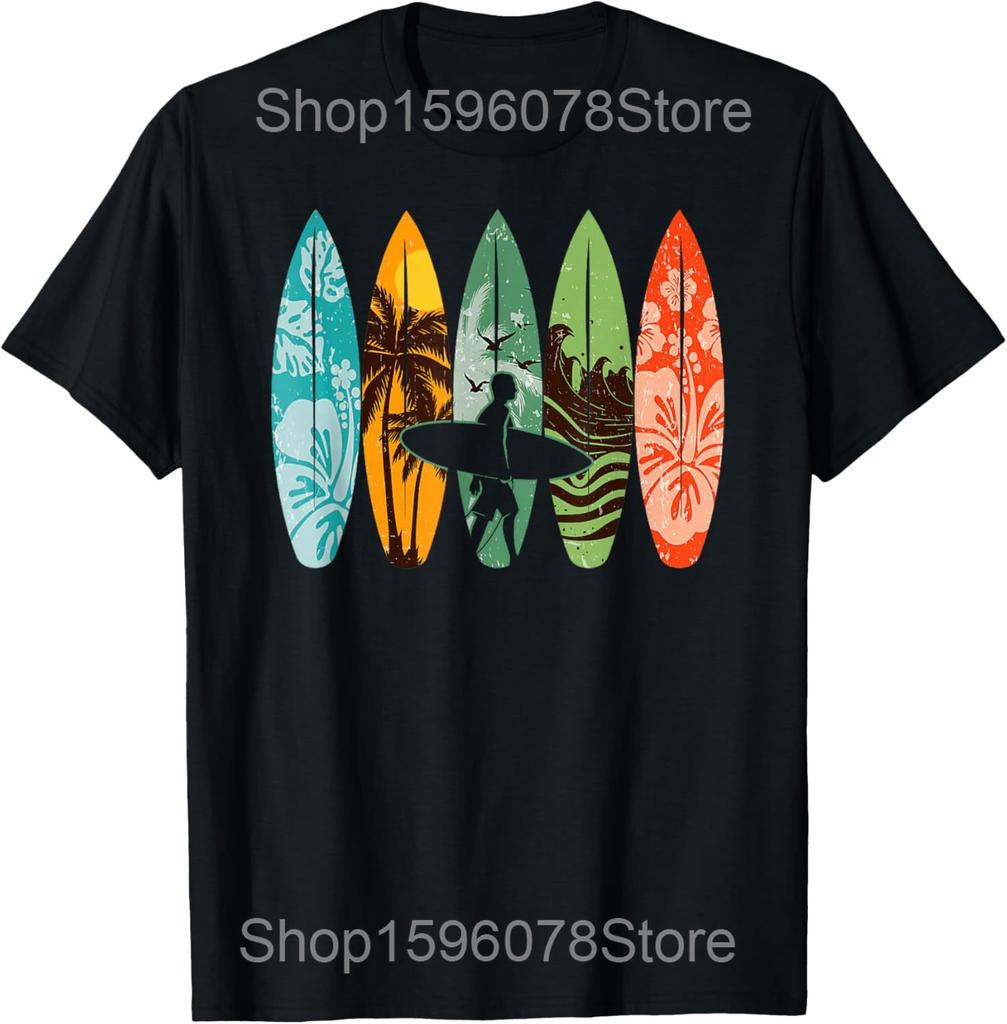 Surfboard Vintage Surfing Surfers Wave  Lover Beach T Shirts Men Streetwear Tee Short Sleeve Unisex Loose Clothing