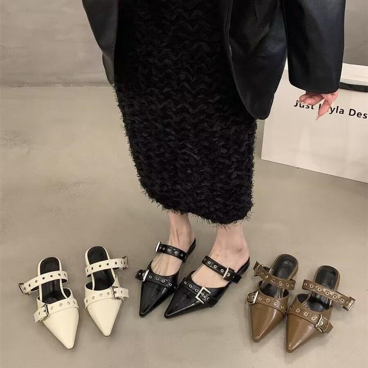 Sexy Pointed Toe Women Mules Slippers Slingback Sandals Designer Summer New Shoes 2025 Woman Flats Trend Dress Buckle Sandalias