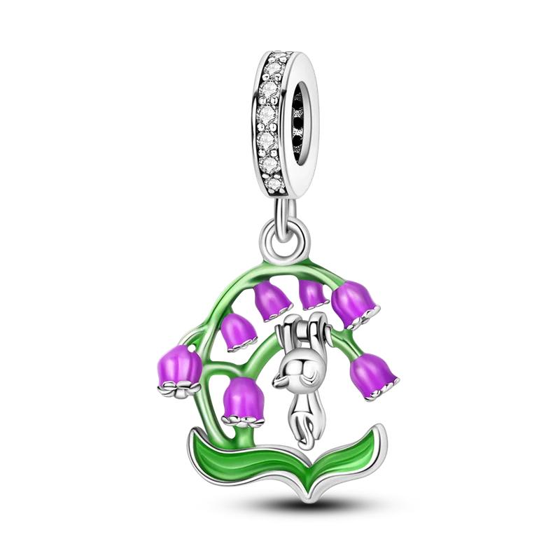 Copper Metal Lovely Purple Charm Bead Components Cat Dog Butterfly Flower Secure Safety Chain Dangle Pendant Bead Components Compatible With 4MM Hole