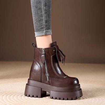 Höhensteigernde Leder Stiefeletten Quadratische Spitze Klobige Knöchelboots für Damen Mode 2025 Y2k Neu im Herbst Winter Damen Kurze Schuhe