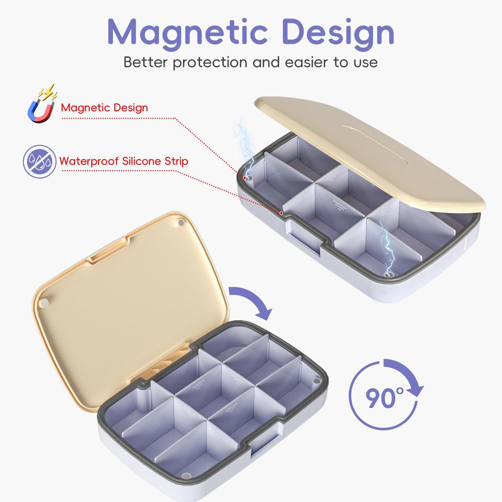 Magnetic Pill Organizer with 9 compartments - Adjustable and Waterproof Daily Suitcase for Travel Home and Office