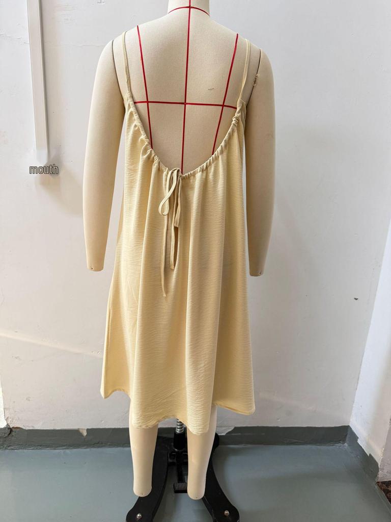 2026 European & American Ice Silk Pleated Drawstring Backless Camisole Mini Skirt Beach Dress for Women