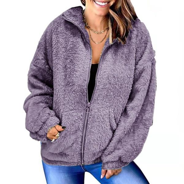 Women Turn-down Collar Winter Coat Long Sleeve Fur Coat Thick Warm Fleece Jacket Fluffy Zipper Cardigan Plus Size Solid Color Tops