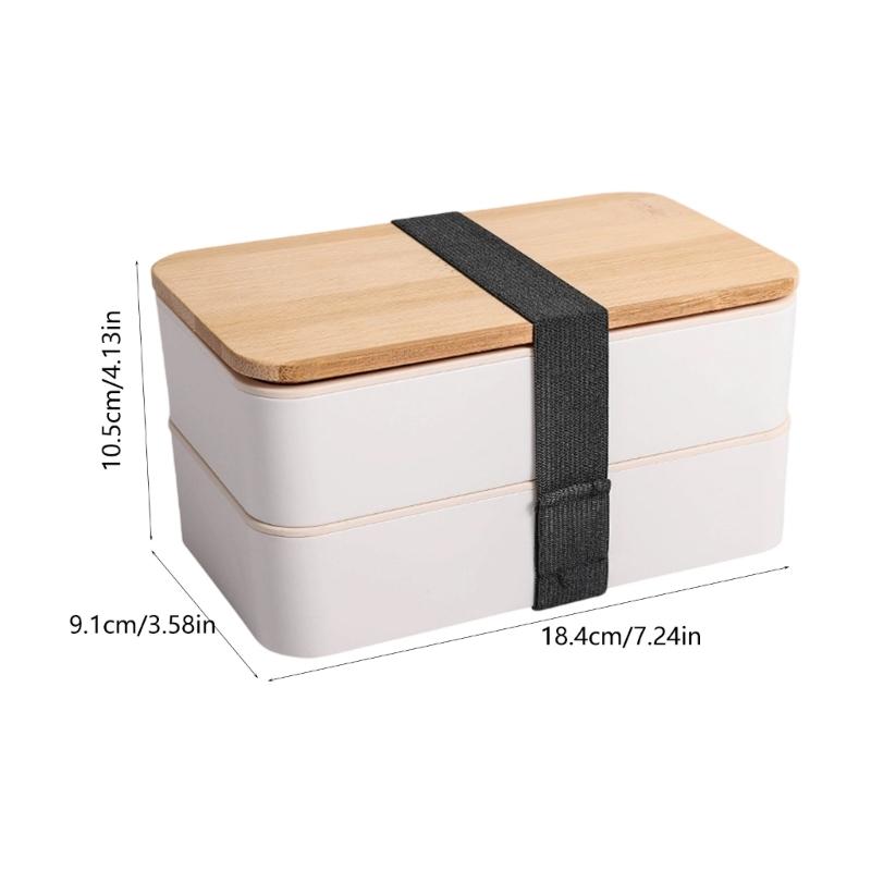 Mikrowellengeeigneter japanischer Lebensmittelbehälter, geräumige doppelstöckige Kunststoff-Bento-Lunchbox mit Besteck und Bambusdeckel