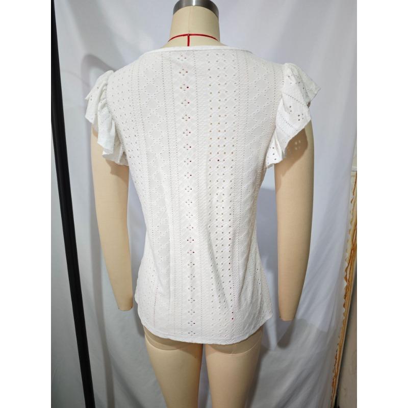 Womens V Neck Eyelet Embroidered Blouse With Short Flutter Sleeves Casual Button Down Top