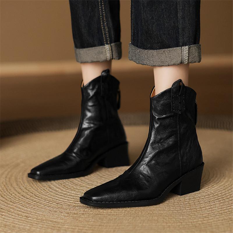 Fashion New Autumn/winter Genuine Leather Women Boots Square Toe Shoes for Women Fashion Boots High Heels Rear Zipper Western Boots