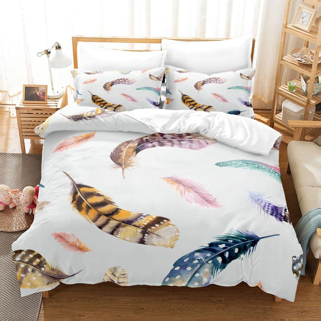 Home Bedding Set Feather Pattern Quilt Cover and Pillow Cover Bedding Set AU/EU/US Full Size Bedding Set