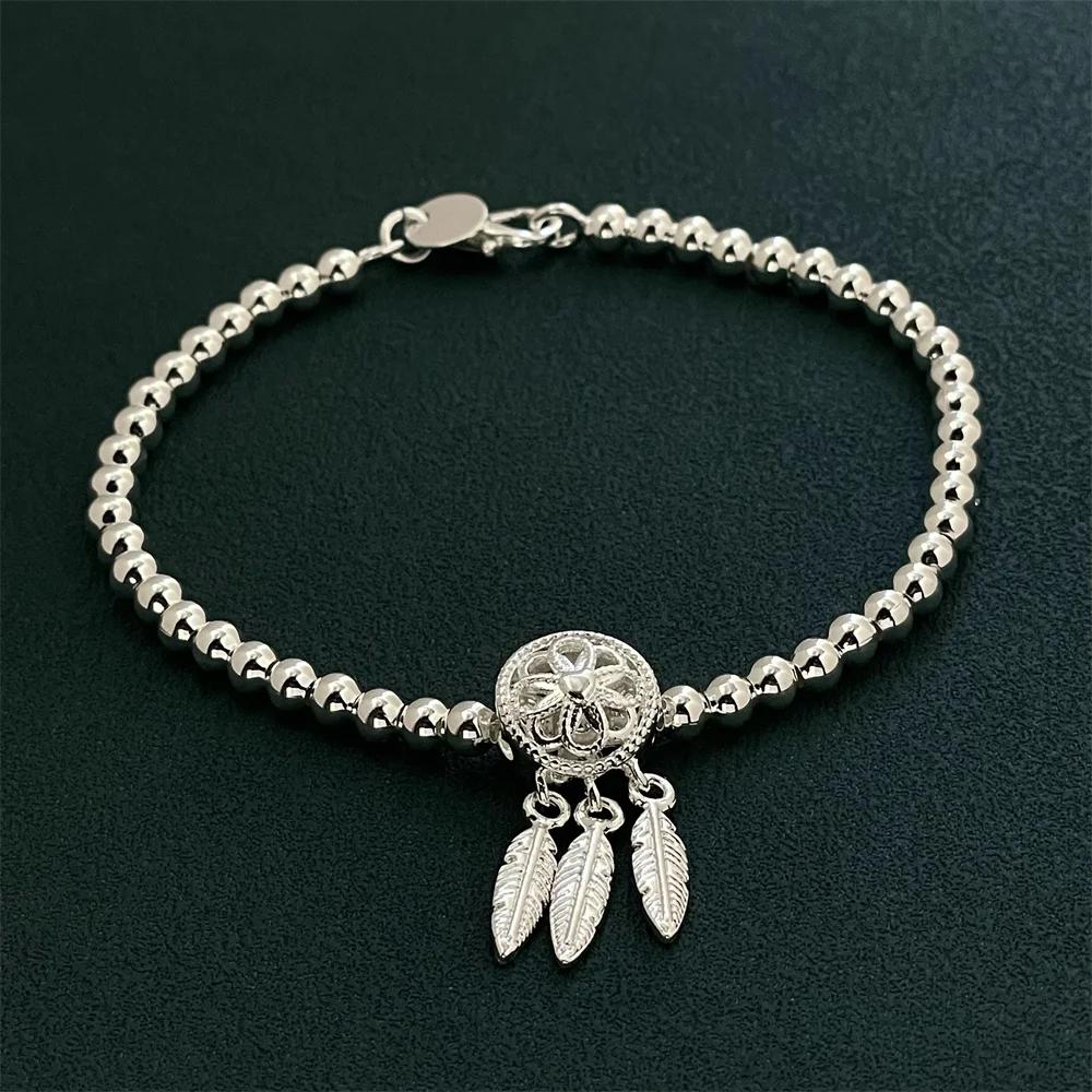 925 Sterling Silver Ball Feather Pendant Bracelet, Couple Banquet Wedding Birthday Jewelry Gift