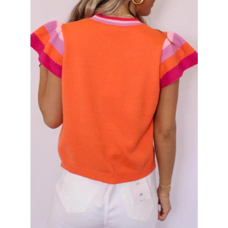 Women's Clothing Summer Round Neck Knitted Tops Clashing Sweet Short-sleeved Women's Jumper