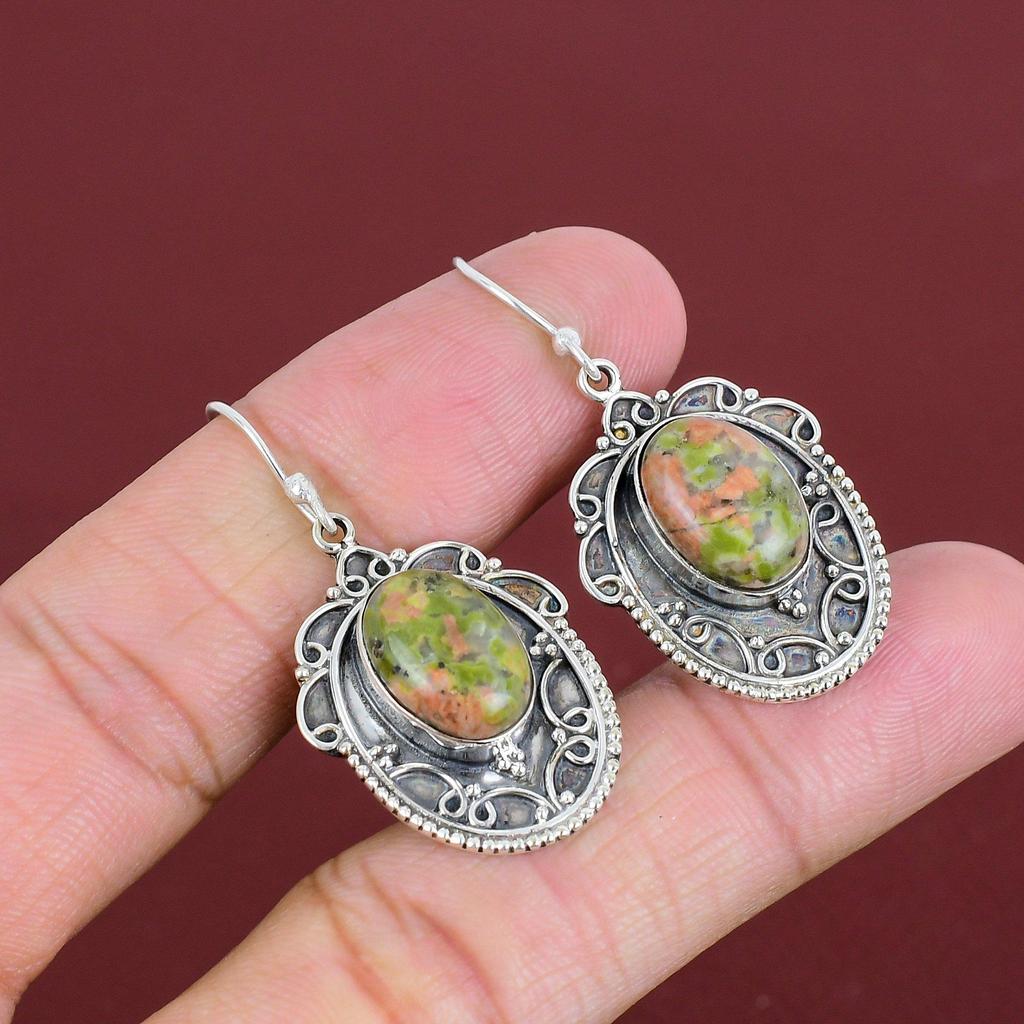 Unakite Earrings Gemstone Vintage Earring 925 Sterling Silver Earring Dangle Earring Real Unakite Jewelry Handmade Earrings Gifts For Women