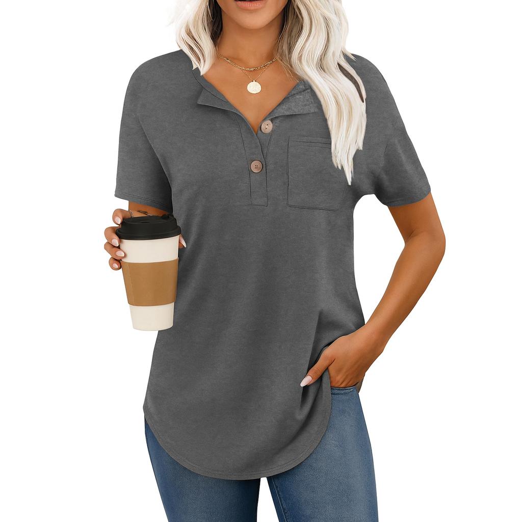 Women LShirts Fall Clothes Casual Button Up V Neck Tunic Tops Loose Basic Tee