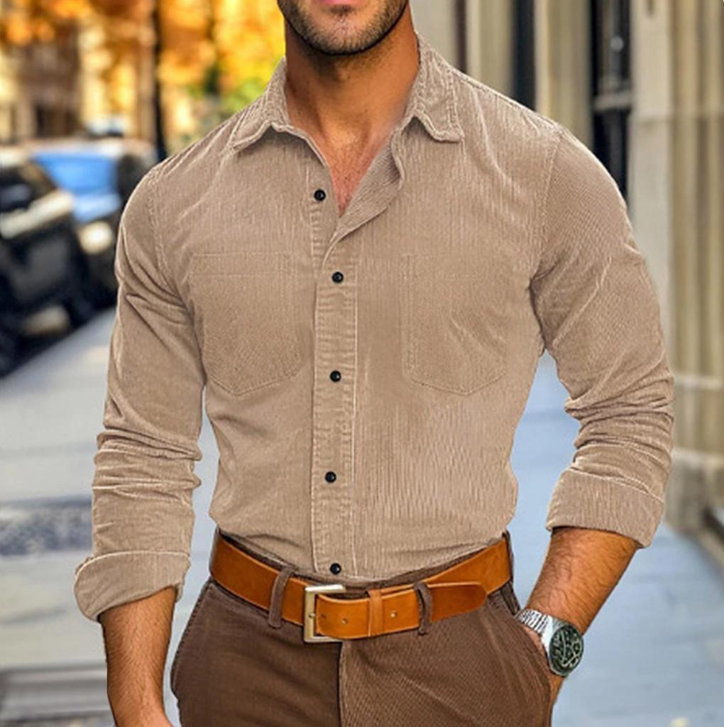 Men Corduroy Long Sleeve Shirt with Button Down Front and Dual Chest Pockets Casual Fit Classic Collar Design