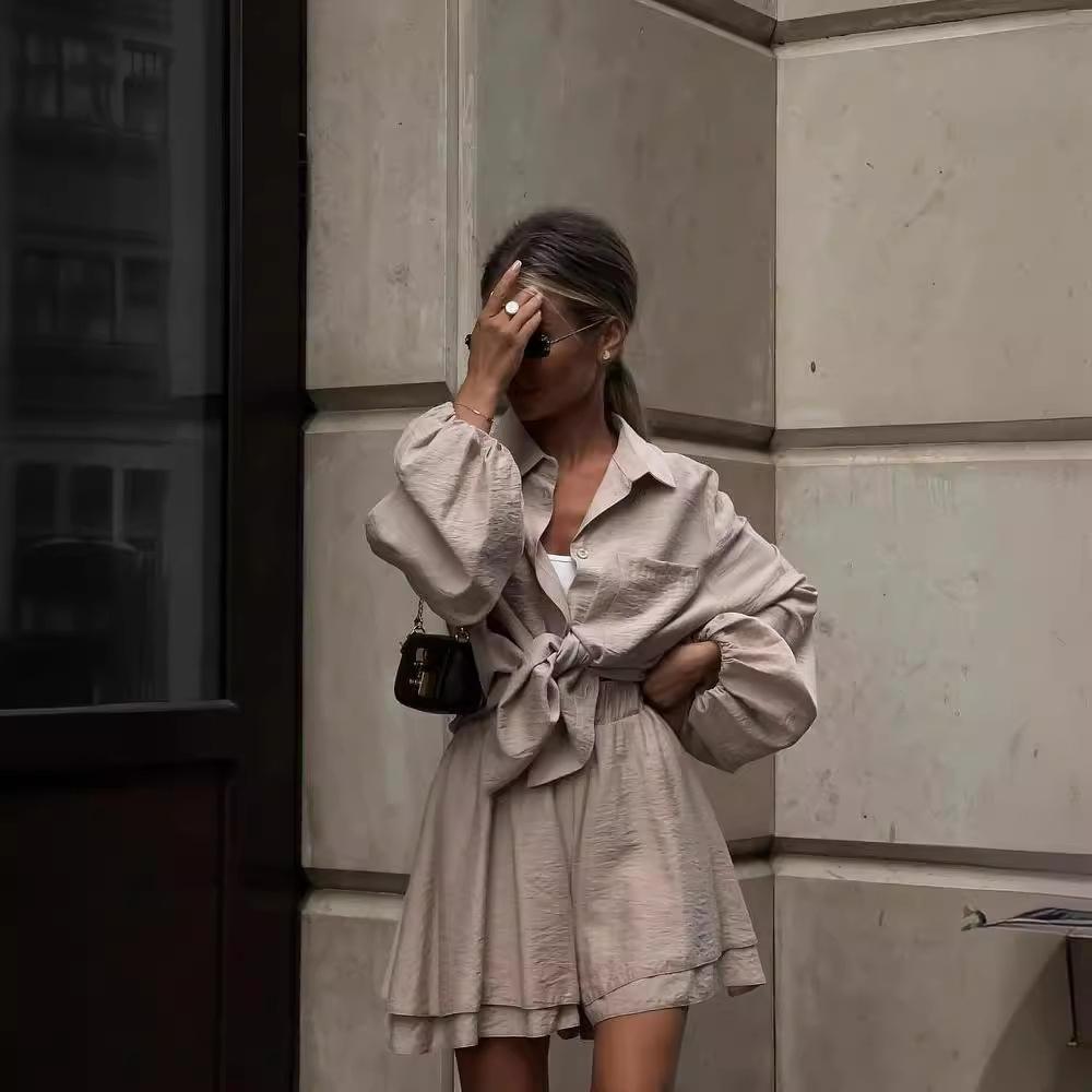 Damen Zweiteiliges Passendes Set Lockerer Schnitt Langarmshirt Shorts mit Elastischem Bund Lässiges Urlaubs-Co-ord Outfit