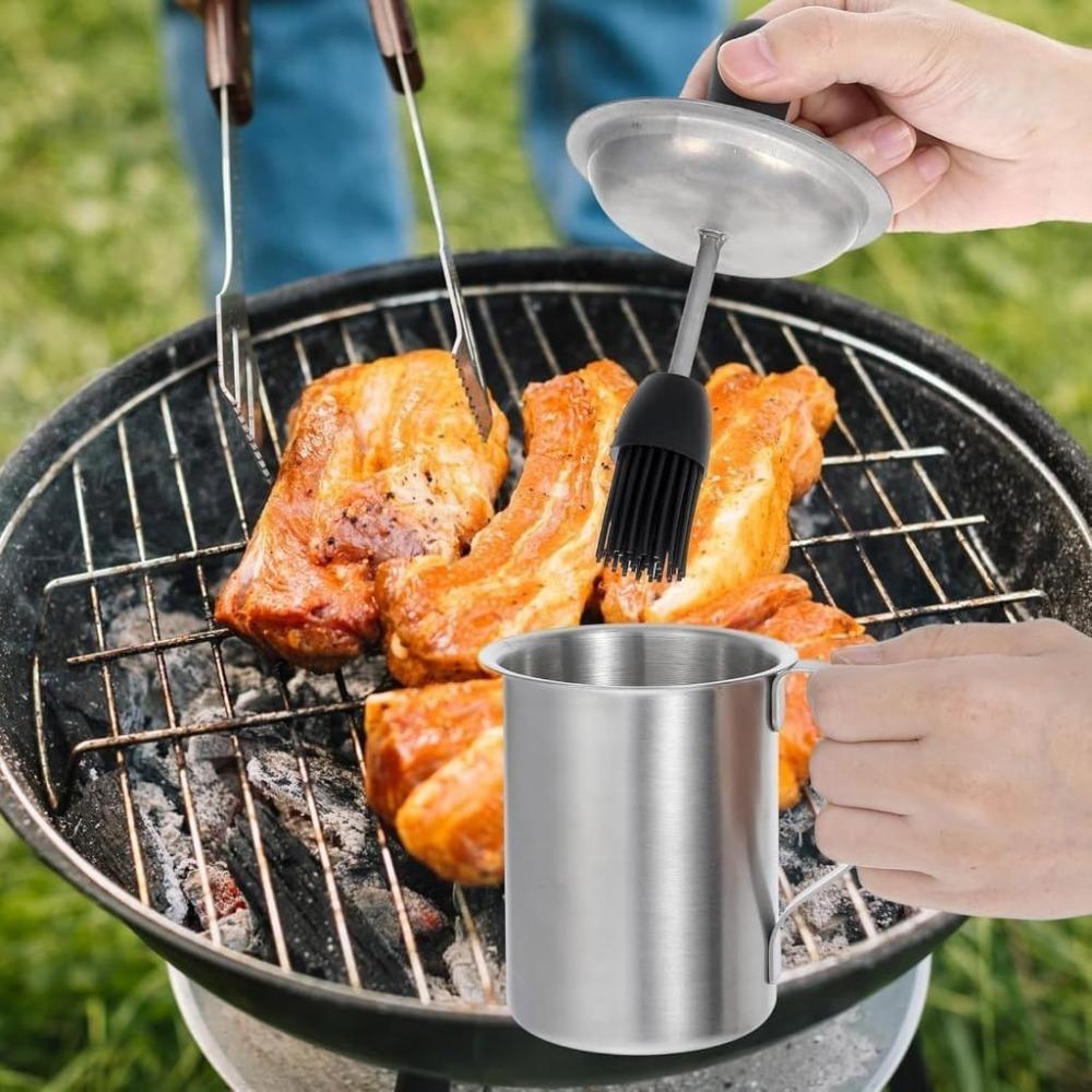 Stainless Steel Basting Pot Set Rust-proof Dustproof Lid Sauce Basting Pot with Brush Grilling Basting Pot Pancake
