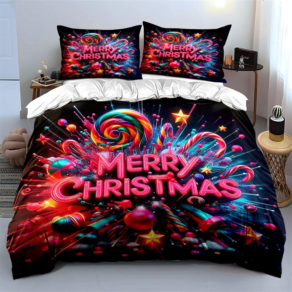 Colorful Merry Christmas Design Bedding Duvet Cover Set Duvet Cover Pillowcases (1*Duvet Cover 2*Pillowcases, Without Duvet Insert)