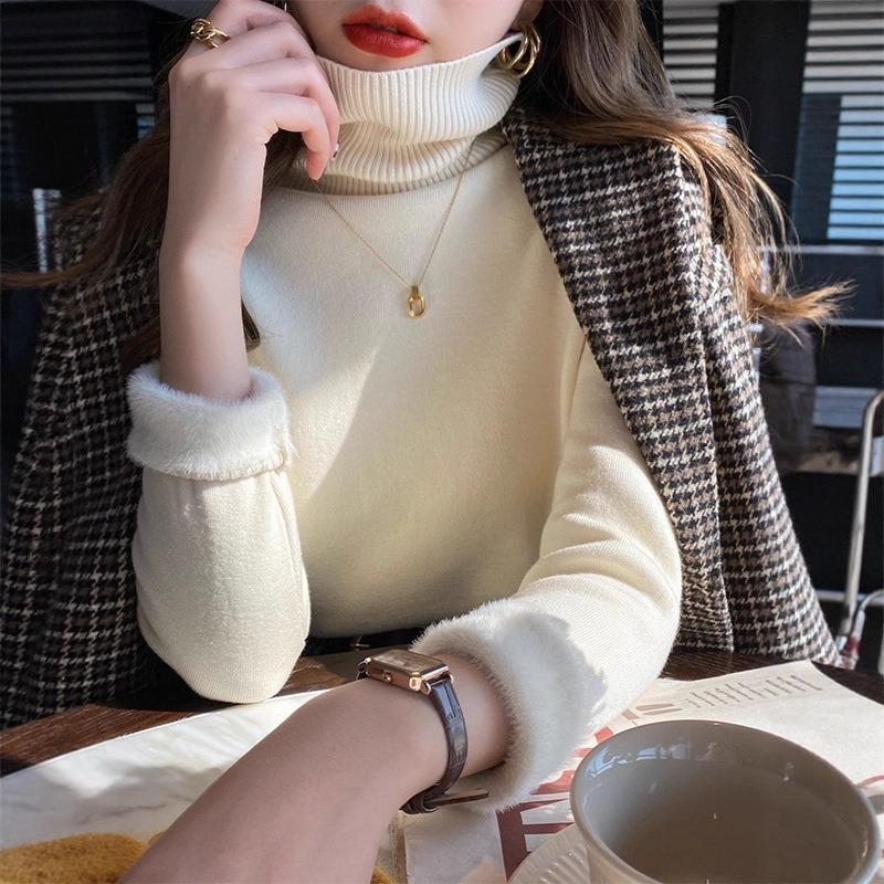 Fleece Sweater Women's Autumn and Winter Integrated Fleece Thickened Knitted Bottoming Shirt Turtleneck Pullover with Large Size Thermal Top Inside