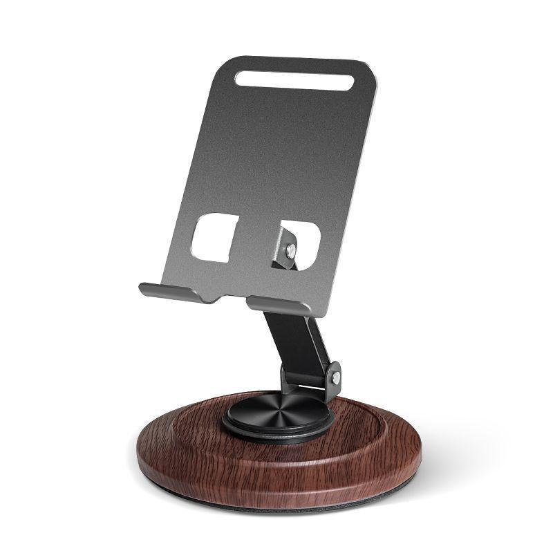 Walnut Wood Rotating Metal Phone Stand - Folding & Lifting for Desktop Viewing.