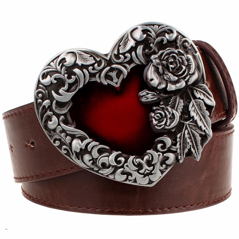 Fashion Belt Love Heart Metal Buckle Red Heart Rose Flower Design Punk Rock Belts Women Decorative Waistband Hip Hop