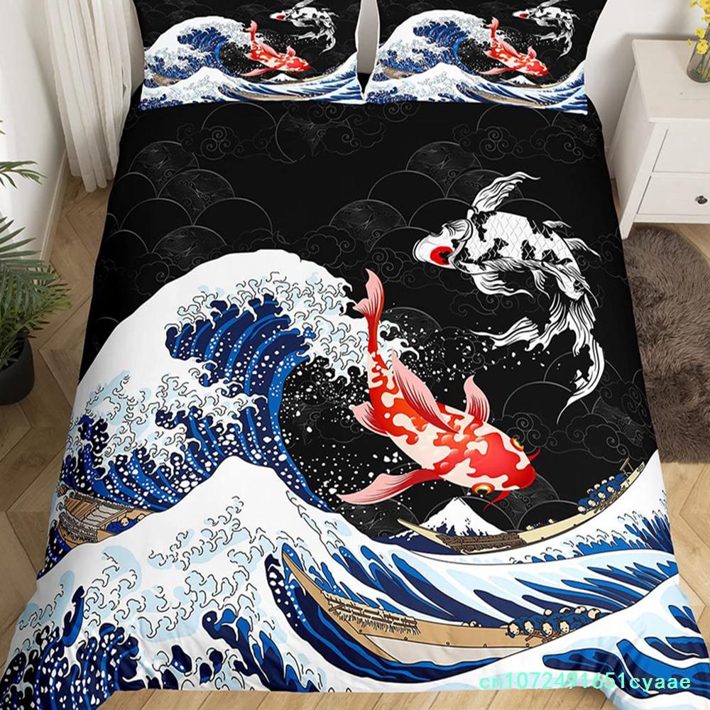 Japanese Ukiyo-e King Queen Duvet Cover Golden Fish Hokusai Bedding Set Crane Wave Quilt Cover Red Sun Polyester Comforter Cover