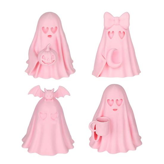 Halloween Ghost Figurine Cute Pink Ghost Holding Moon Statue Resin Ghost Sculpture Tabletop Ornament for Indoor Home Decor