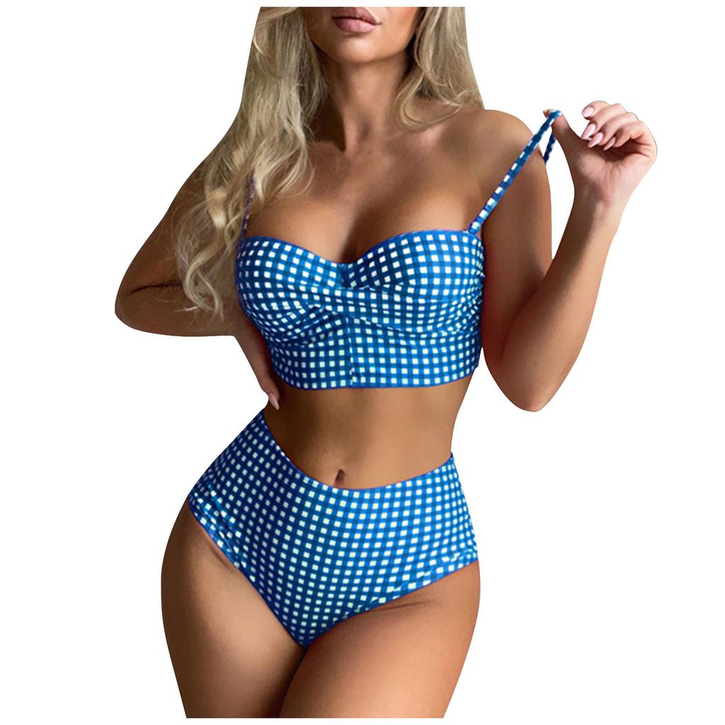 Kadın Ekose Mayo Göğüs Pedli Push Up İki Parçalı Mayo Tank Top Külotlu Slim Fit Mayo Ekose Mayo