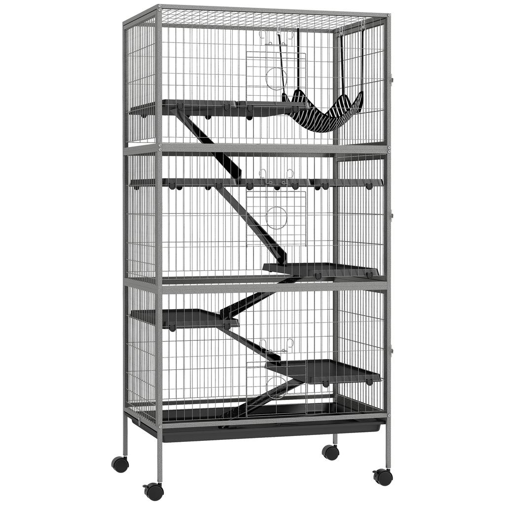 Multifunctional rodent cage with 4 platforms, 3 ramps, and 4 doors. Dimensions: 80L x 52W x 159H cm. Silver-grey/black steel.