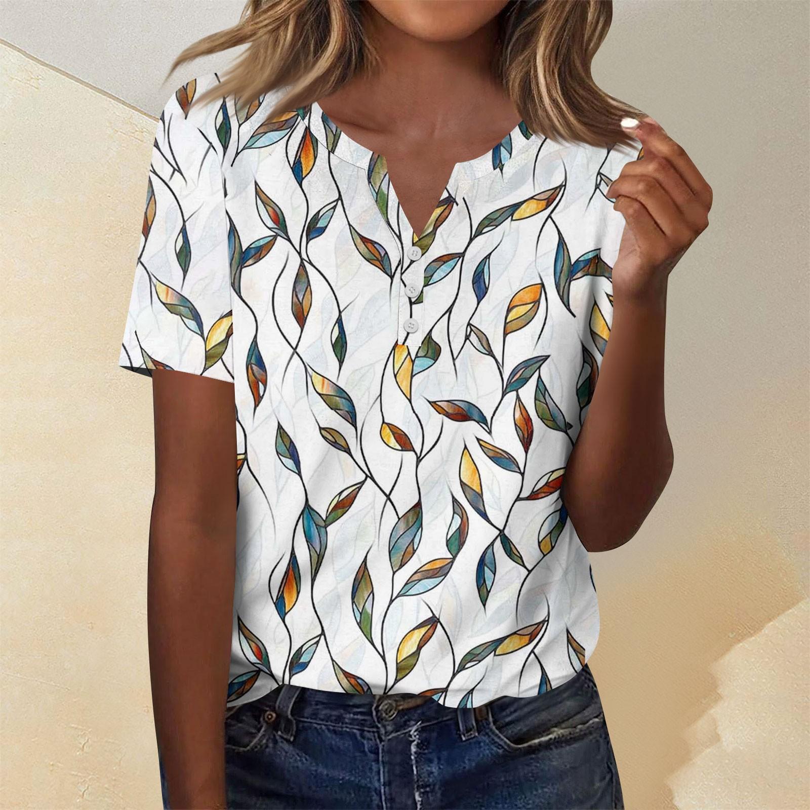 

Женская мода повседневный короткий рукав цветочный принт топ XL белый