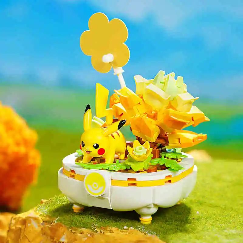 Non-Toxic Pokemon Building Blocks Pikachu Togepi Sylveon Sprigatito Flower Plant Potted Bricks Toy Desktop Decoration Collection Kids Gift
