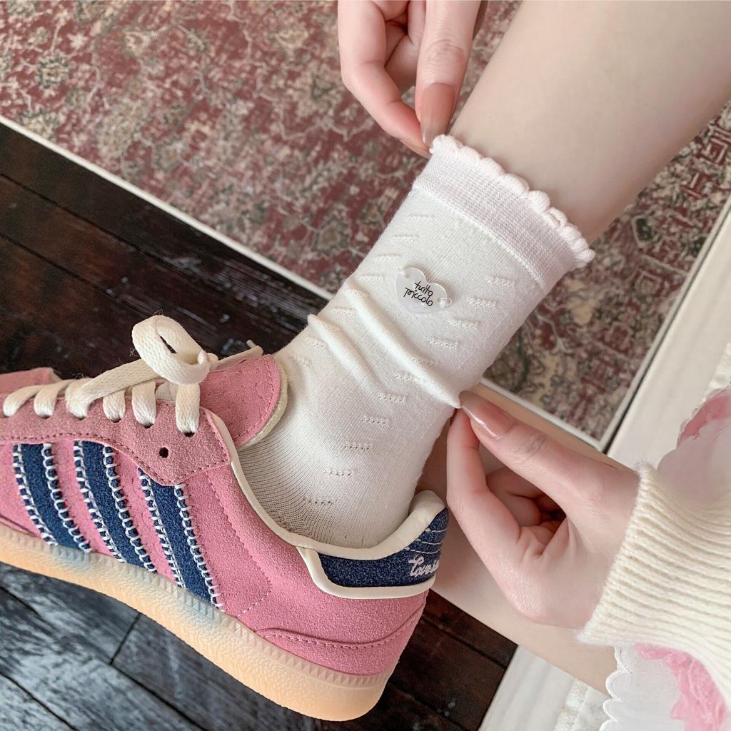 Korean Pink Sweet Floral Socks Women'S Spring And Summer Boneless Pile Socks Simple Lace Japanese Bow Tube Socks