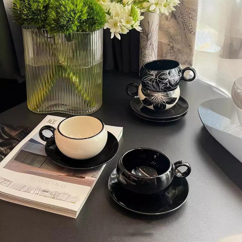 Retro Floral Style Coffee Cups and Plates - High-end Narcissus Flower Cups and Plates - Floral Latte Art Decorative Tea Set