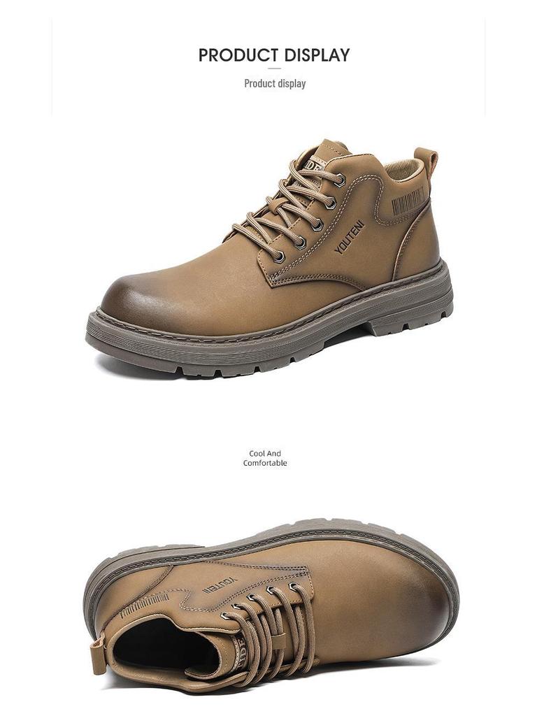 Men's High-Top Leather Martin Boots, 2024 Autumn/Winter, Plus Velvet, Warm Mid-Top Work Boots