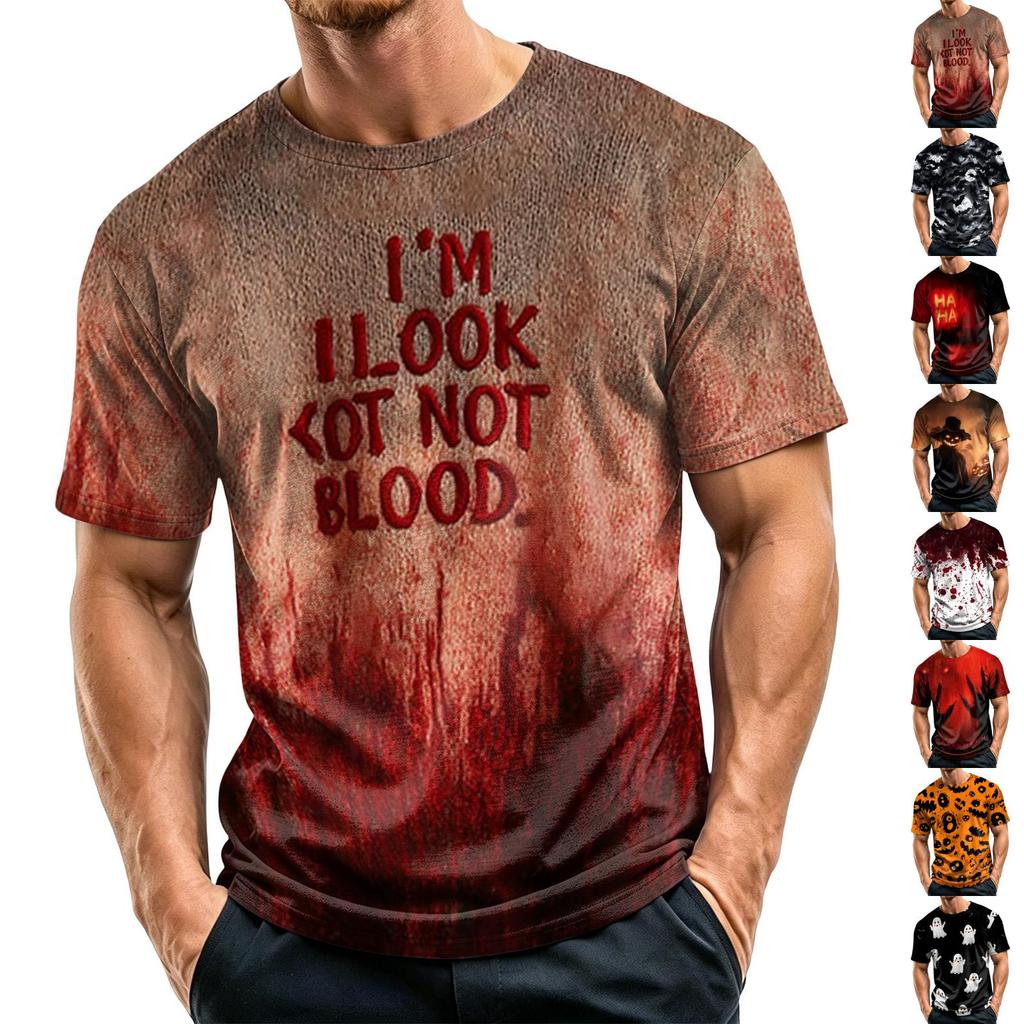 Men's Casual Crew Neck Lightweight Breathable Short Sleeve Top with Halloween Print Loose Fit Comfortable Design