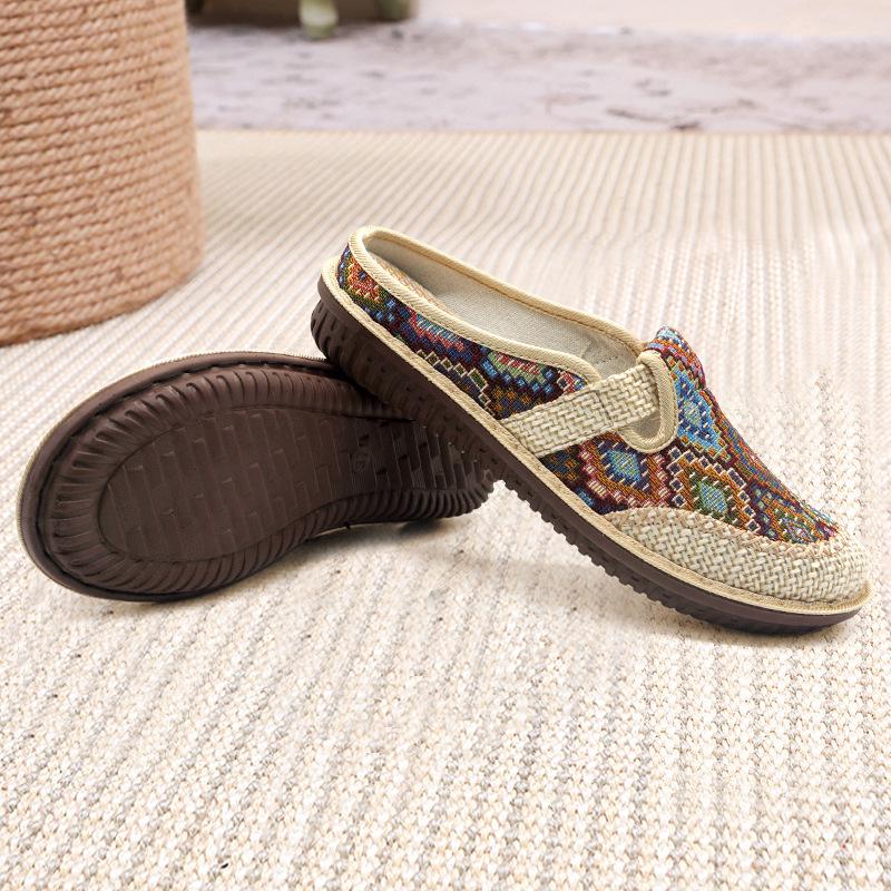 Women's Ethnic Flat Slippers - Summer Cotton Linen Embroidered Soft Sole Shoes
