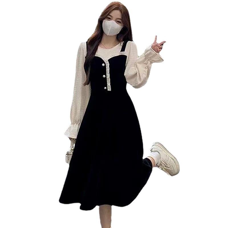 Fake Two-piece Dress Women's Early Spring New High-end Temperament Waist Small Slim and Thin Dress