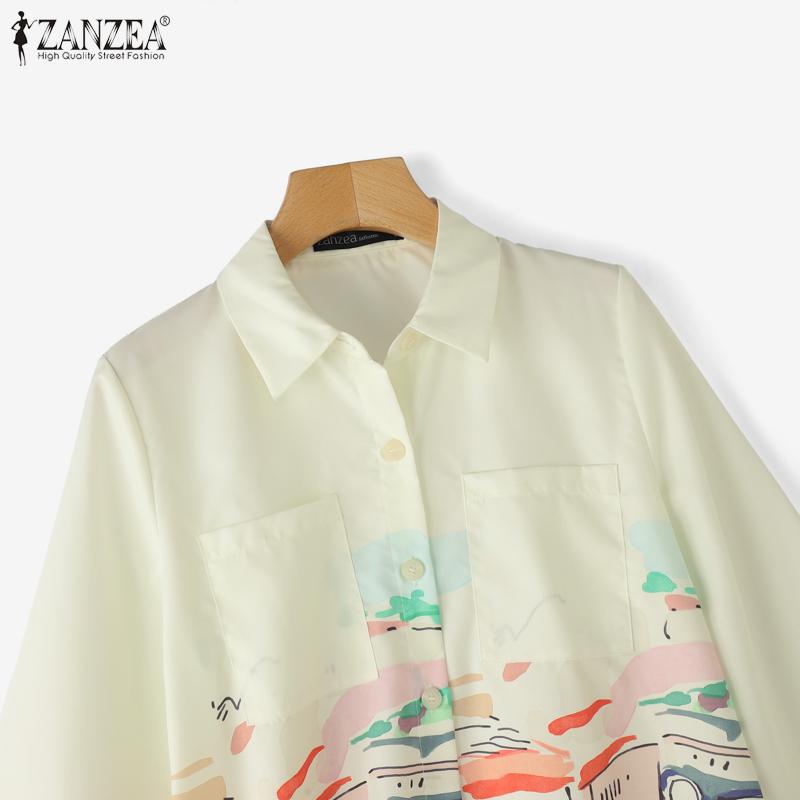 ZANZEA Women Casual Turn Down Collar Loose Half Sleeve Print Blouse