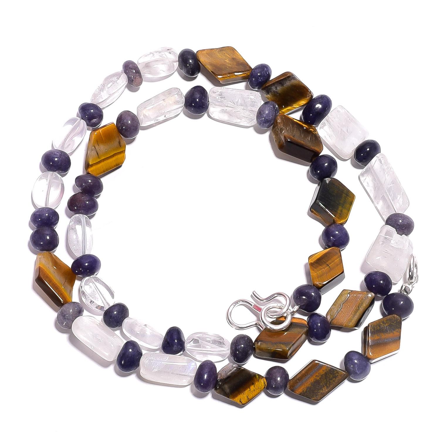 

Natural Tiger Eye Crystal Iolite Gemstone Smooth Beads Necklace 17 UB-5016 UB-5016