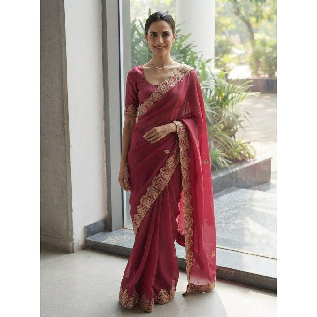 New Launch – Premium Satin Chiffon Embroidered Party Wear Saree