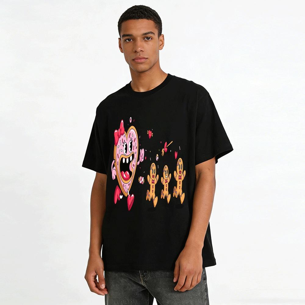 Heart Cookie Chasing Gingerbread Men Graphic Casual Top Pure Cotton T-shirt