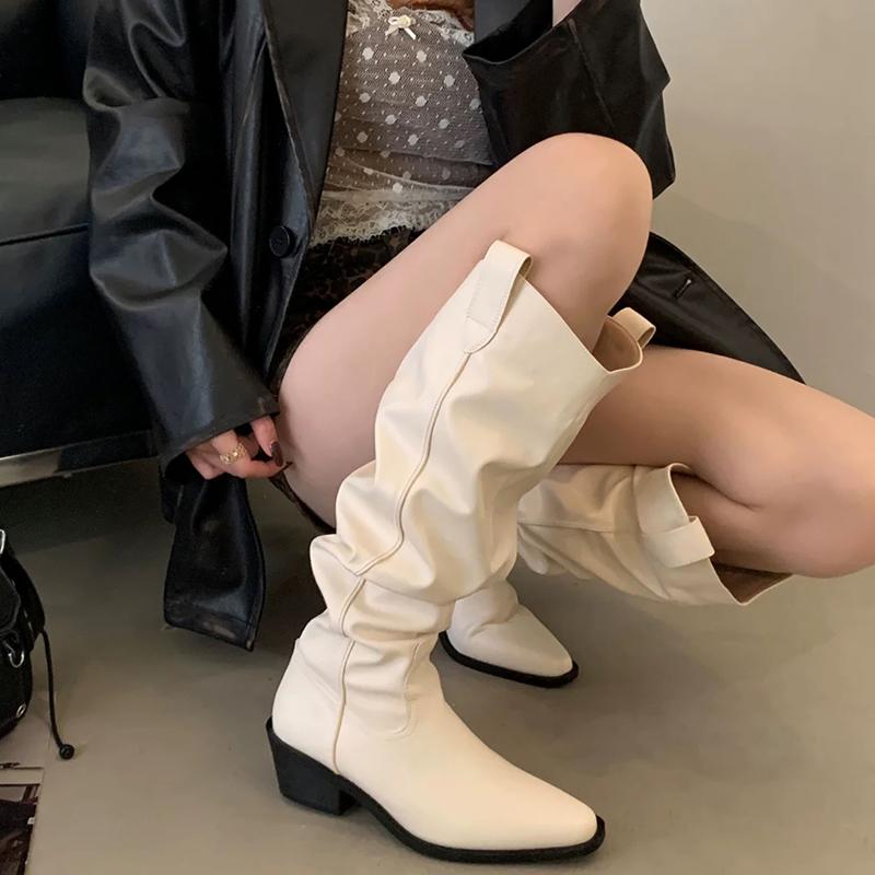 Winter Pointed Toe Women Knee High Boots Thick Heels Stripper Mordern Long Booties Shoes Zapatos De Mujer