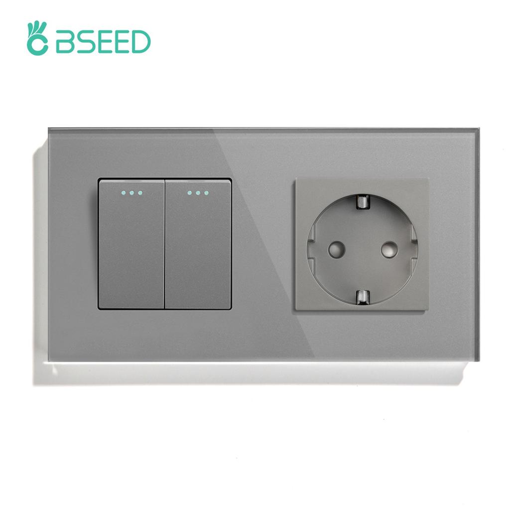 BSEED 1/2/3Gang Mechanical Light Switches 1Way Plus Wall Socket Type-c USB Power Outlets Crystal Glass Frame EU Standard Gray