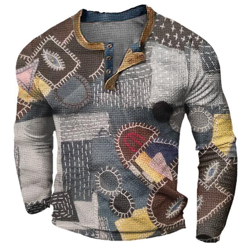Vintage Men's Sweatshirts Patchwork 3D Printed Long Sleeve Henley Collar Tops Oversize Men Clothing Pullover