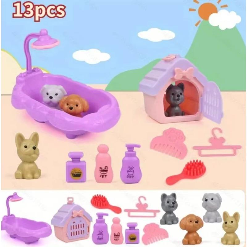 Cute Cat and Dog Pet Basket Family Toys Pretend To Play Toys Dog Doll Set Mini Animal Scene Toys Kids Player Toys