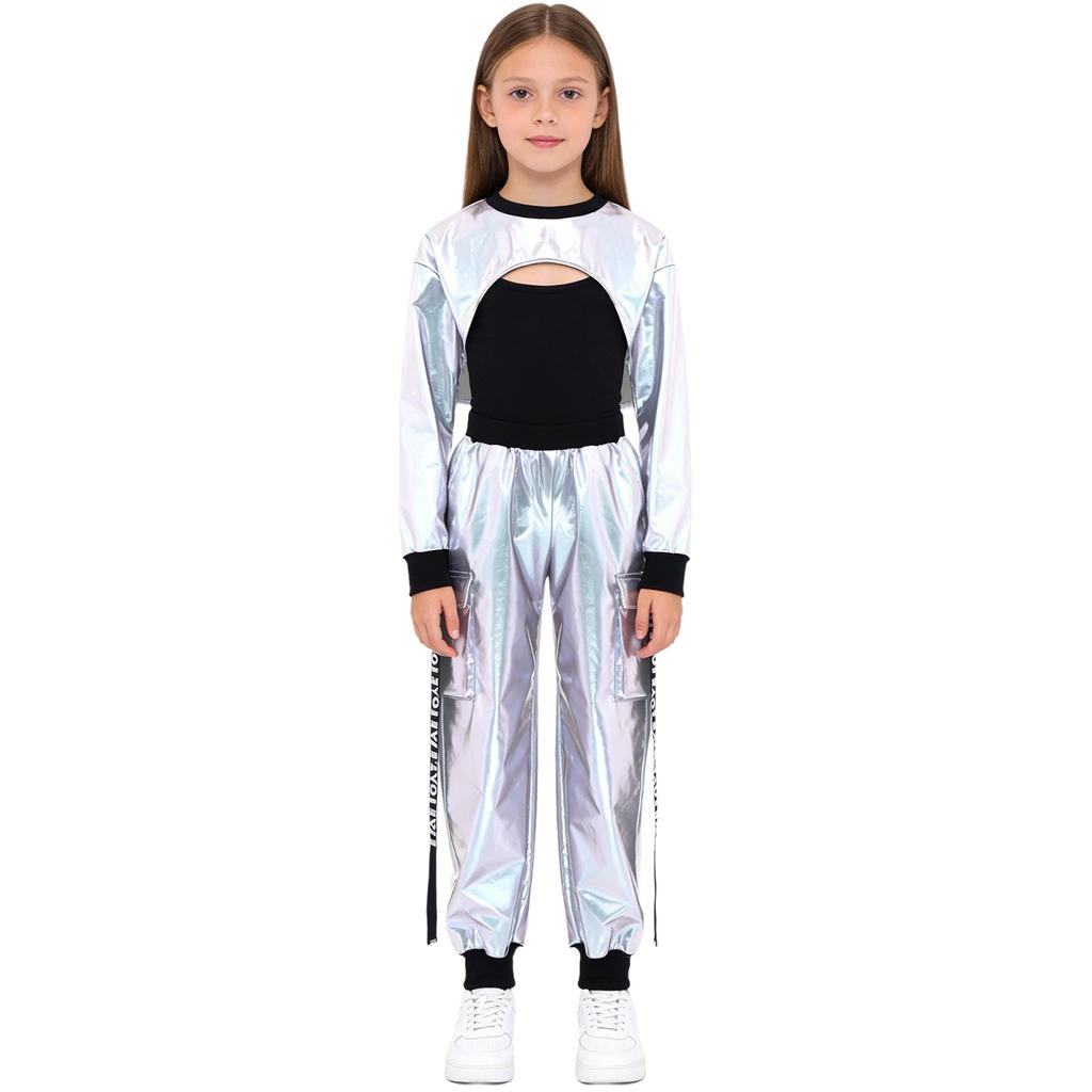 Girls Dance Clothing Set Glossy Metallic Workout Top and Pocket Pants Hip Hop Jazz Street Performance Outfit
