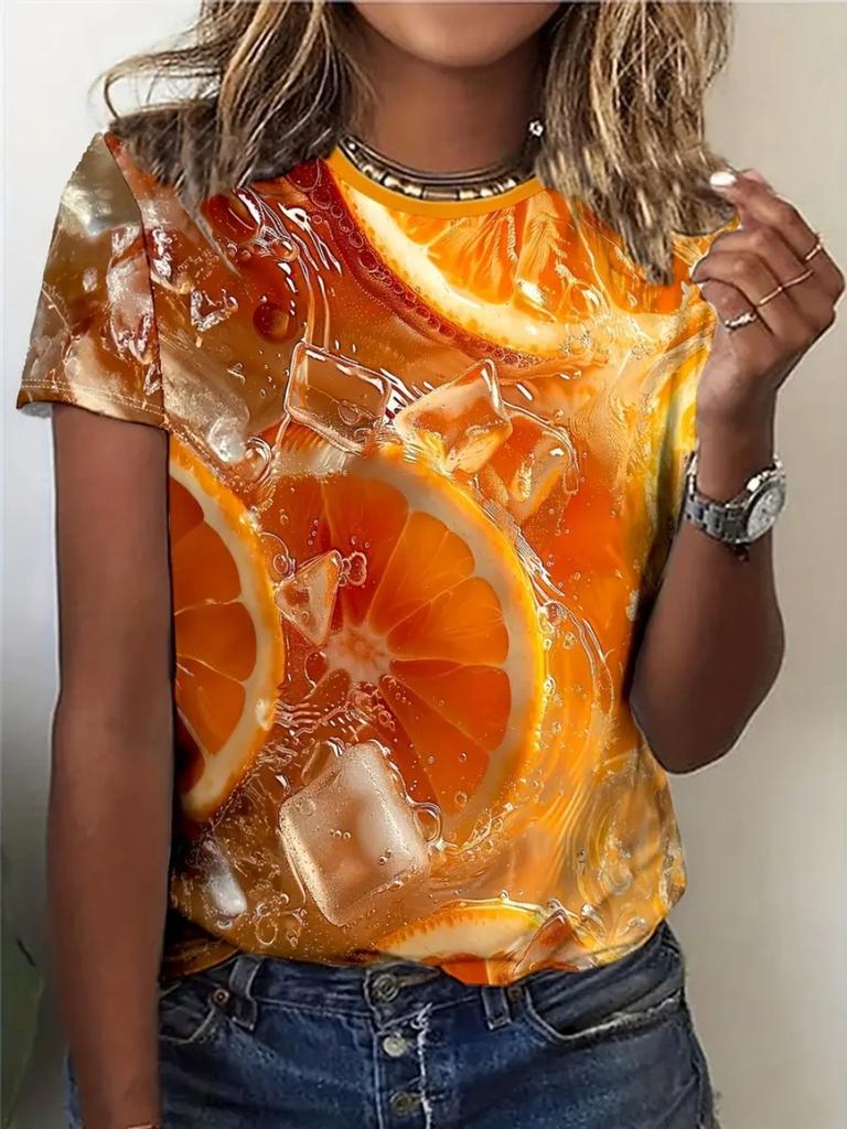 Loose and Casual Women's Plus Size 3D Fruit Printed Short Sleeved T-shirt Soft Comfortable and Breathable Top