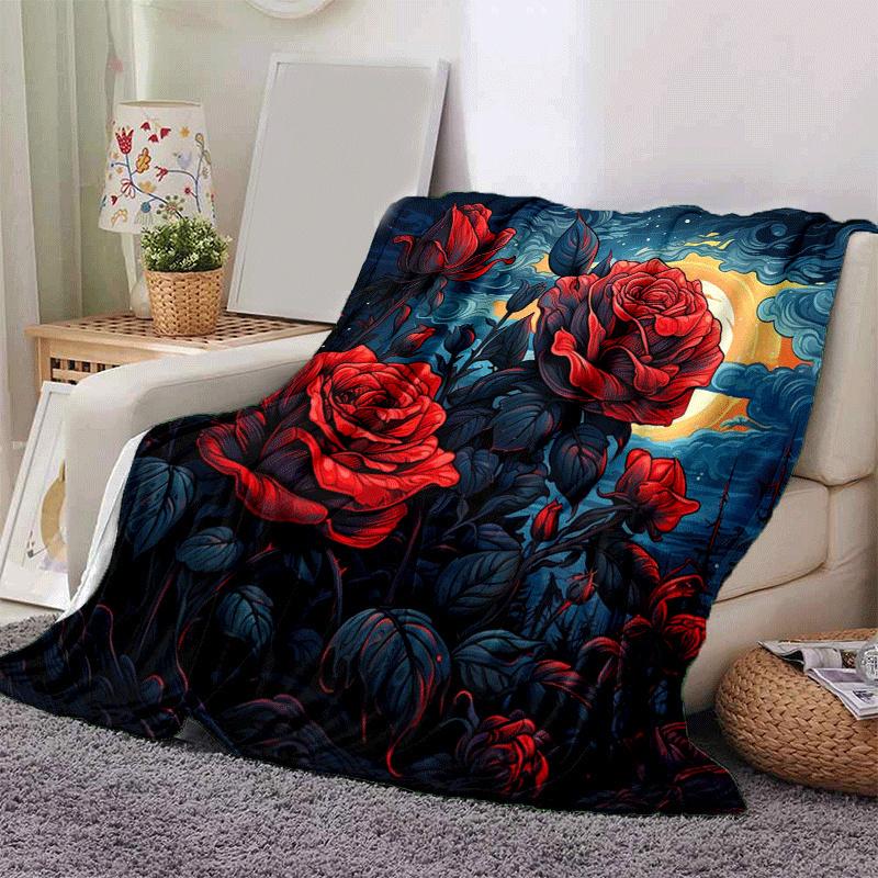 

1pc Red Rose Printing Lightweight Flannel Blanket, Comfortable and Warm Blanket, for Camping Sofa Bed and Couch Office, in All Seasons 130cmx150cm