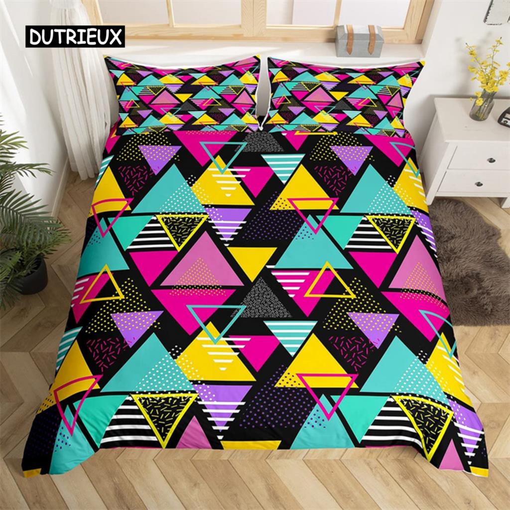 Psychedelic 3D Geometric Duvet Cover Microfiber Colorful Pop Abstract Art Comforter Cover Retro 80s Style Bedding Set Queen Size