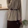 Korean-Style Loose Fit Wool Knit Sweater for Women – Belted, V-Neck, Long Sleeve, Plus Size, Mid-Length.