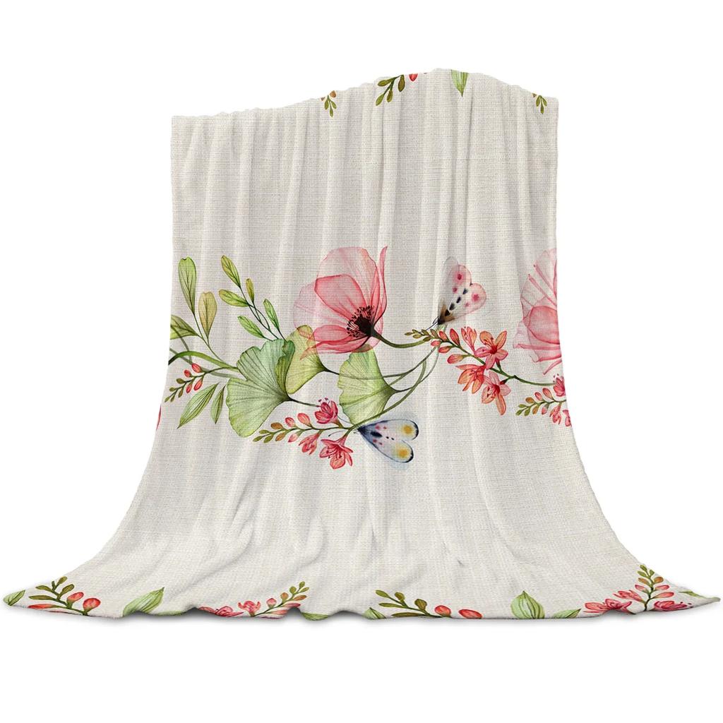 Blue Flower Watercolor Painting Throw Blanket Portable Soft Sofa Blanket Warm Flannel Blanket for Beds Sofa Couch King Full Size