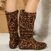 Fashion Sexy Leopard Print Mid Calf Boots for Women Autumn Winter Side Zipper Fashion Boots Woman Comfortable Flat Pleated Botas Mujer