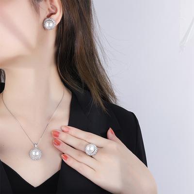 Pärlhalsband med Fritillaria-pärlor Smycken Tredelat Ring Stiftörhängen Hänge Premium Pärlring Temperament Pärlhänge